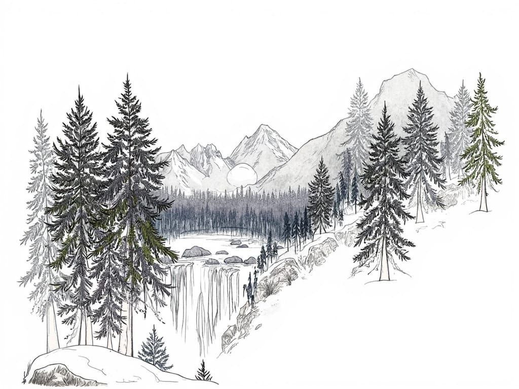 Surreal Landscape with Majestic Mountains and Lush Waterfall...