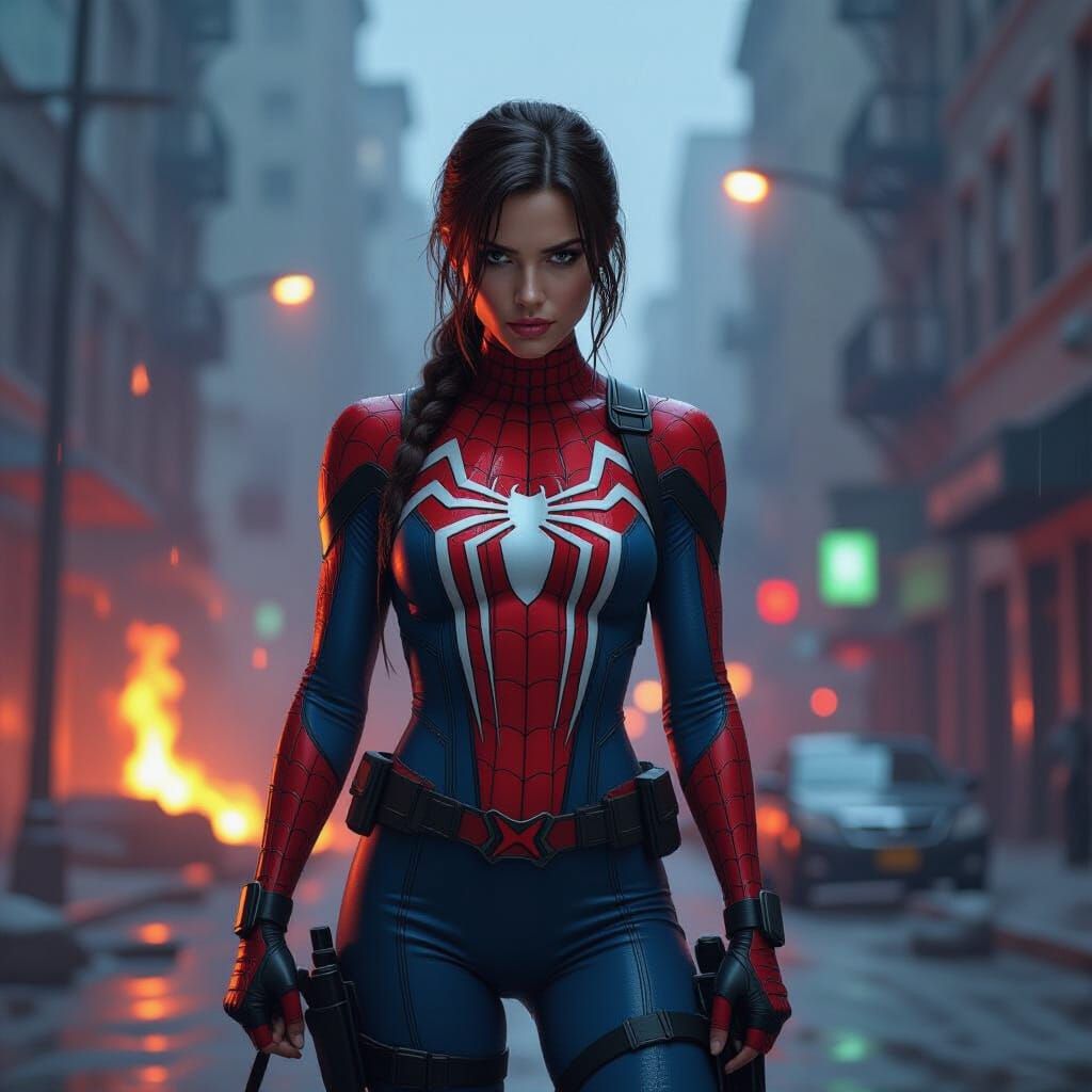 Lara Croft in Spider-Man Suit Amidst Urban Inferno