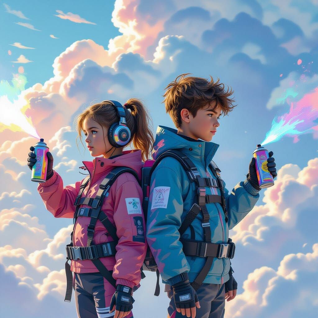 Futuristic Mural Artists Painting Clouds in Vibrant Fantasy ...