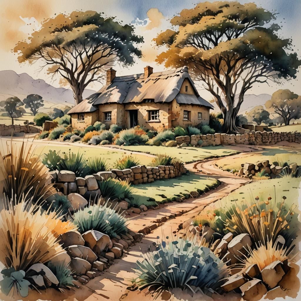 South African Cottage in Ink and Watercolour