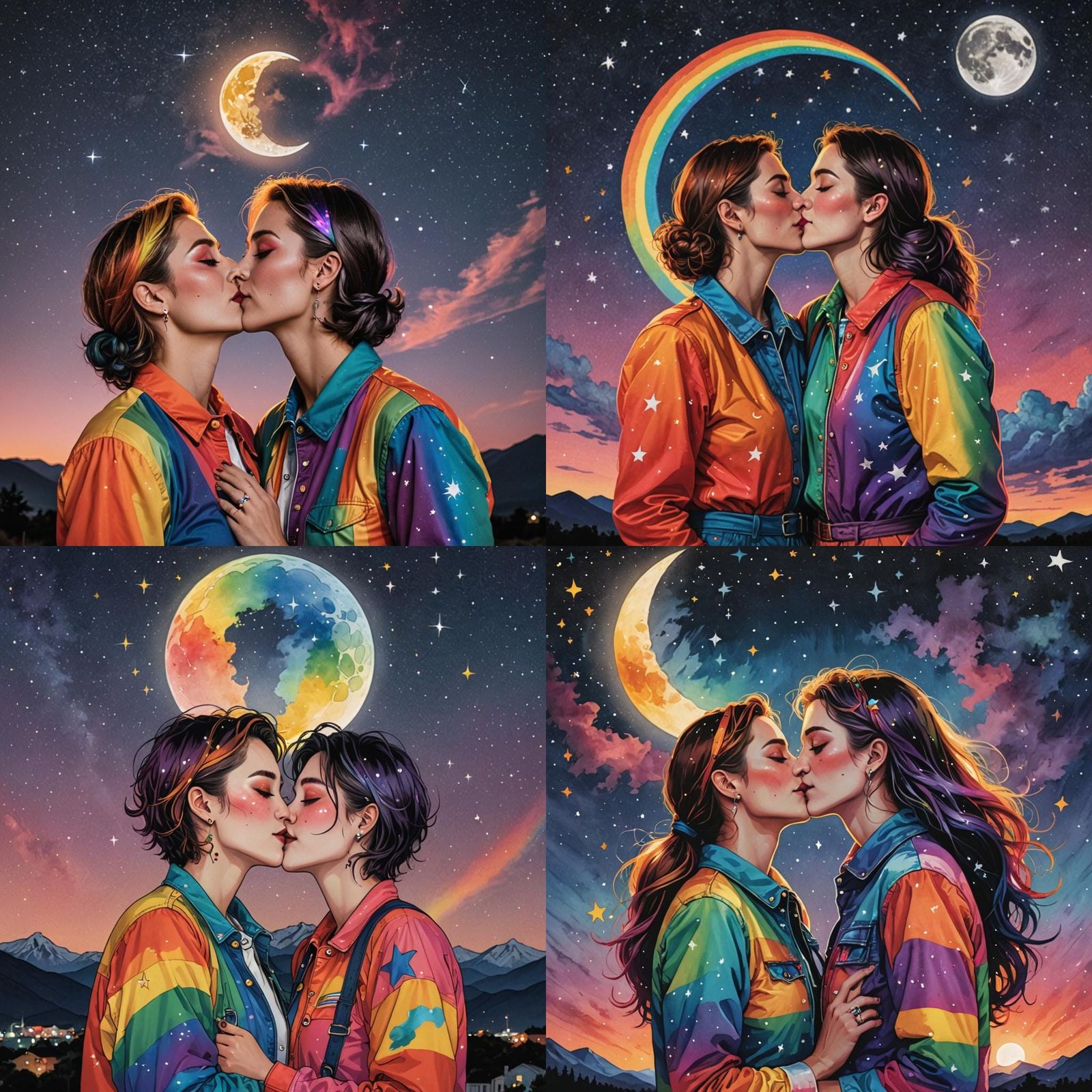 Rainbow Kiss: Women Under Moonlit Starry Sky