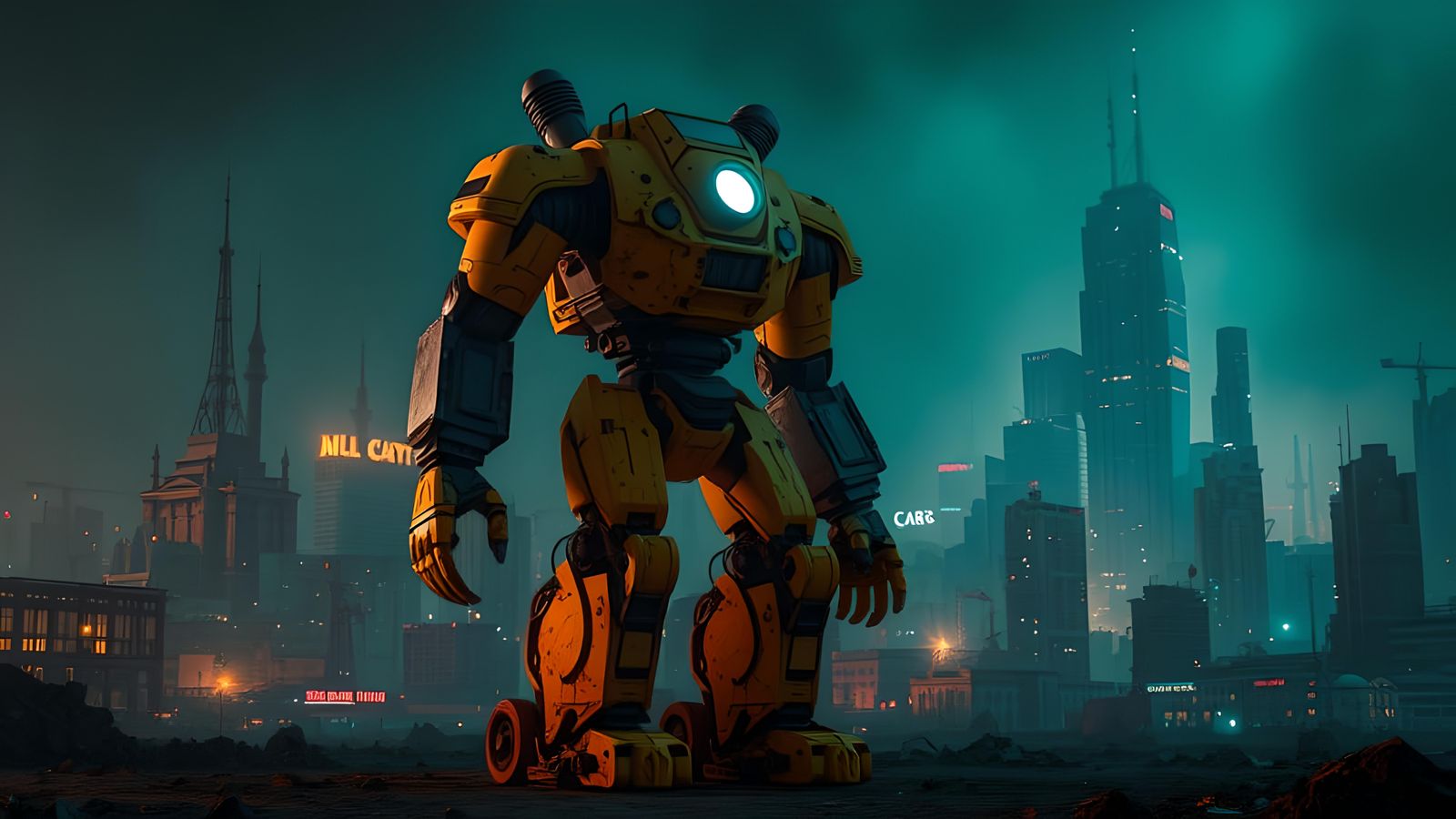 Dystopian Emoji Robot in Sci-Fi Landscape