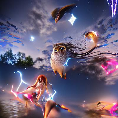Fantasy Girl with Owl Eyes Under Starlit Sky