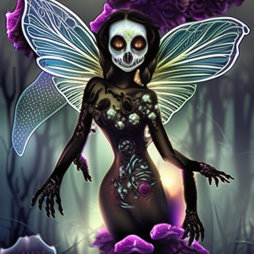 Fairy Skull with Roses in Dark Macabre Style