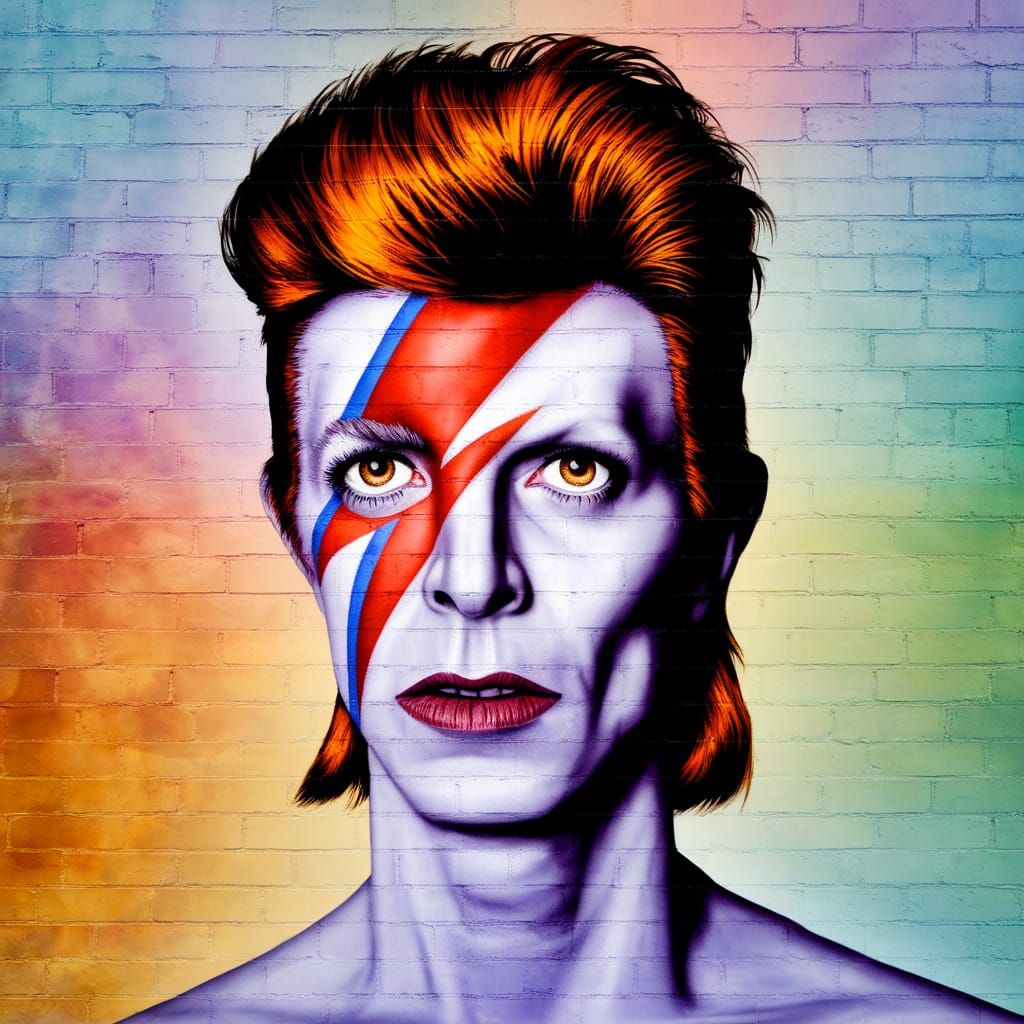 Vibrant Ziggy Stardust Portrait on Weathered Brick Wall in E...