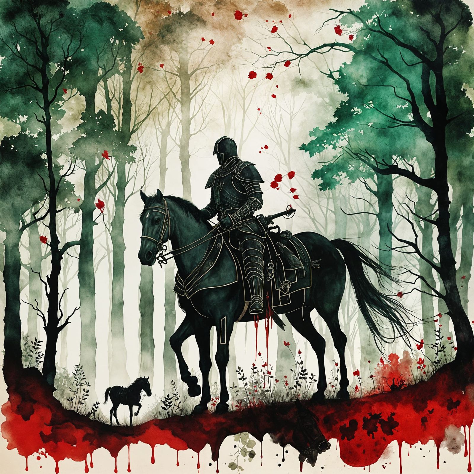 Wounded Knight in Magical Forest Ink Painting