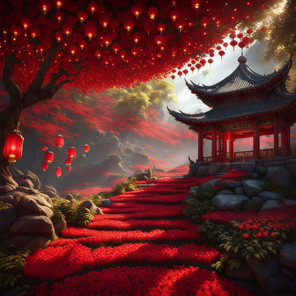 Lush Forest of Lanterns and Flowers, Detailed Matte Painting