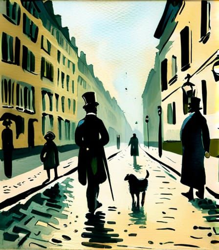 Misty London Street Scene in Gouache Style