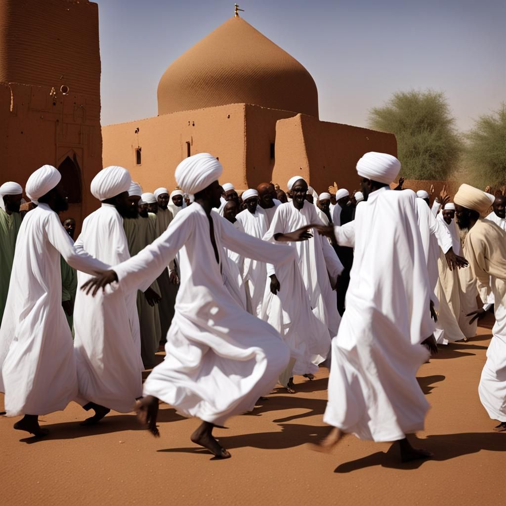 Sudanese sufi dervishes dancing outside the Mahdi's tomb in ...