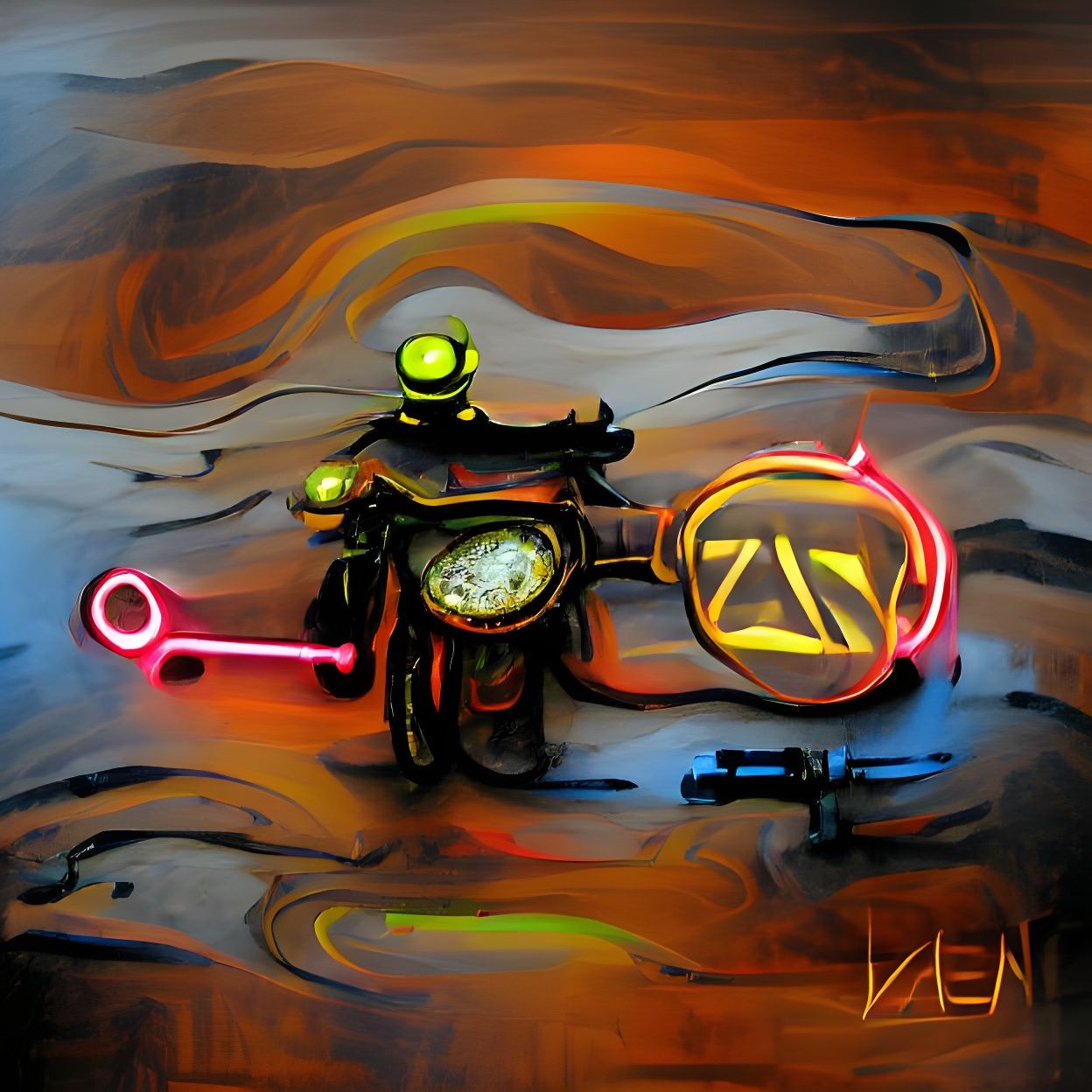 Steampunk Motorcycle in Glowing Neon Abstract Art