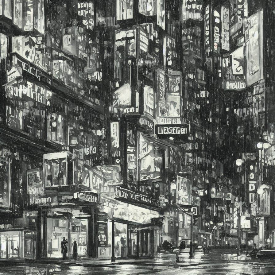 Film Noir Rainy Cityscape with Neon Lights and Shadows