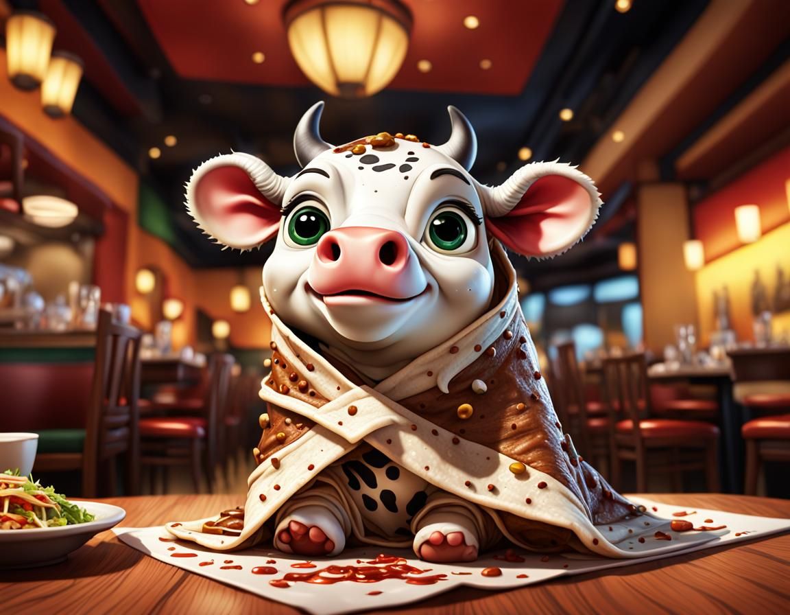 Cute Cartoon Cow Burrito in Mexican Restaurant