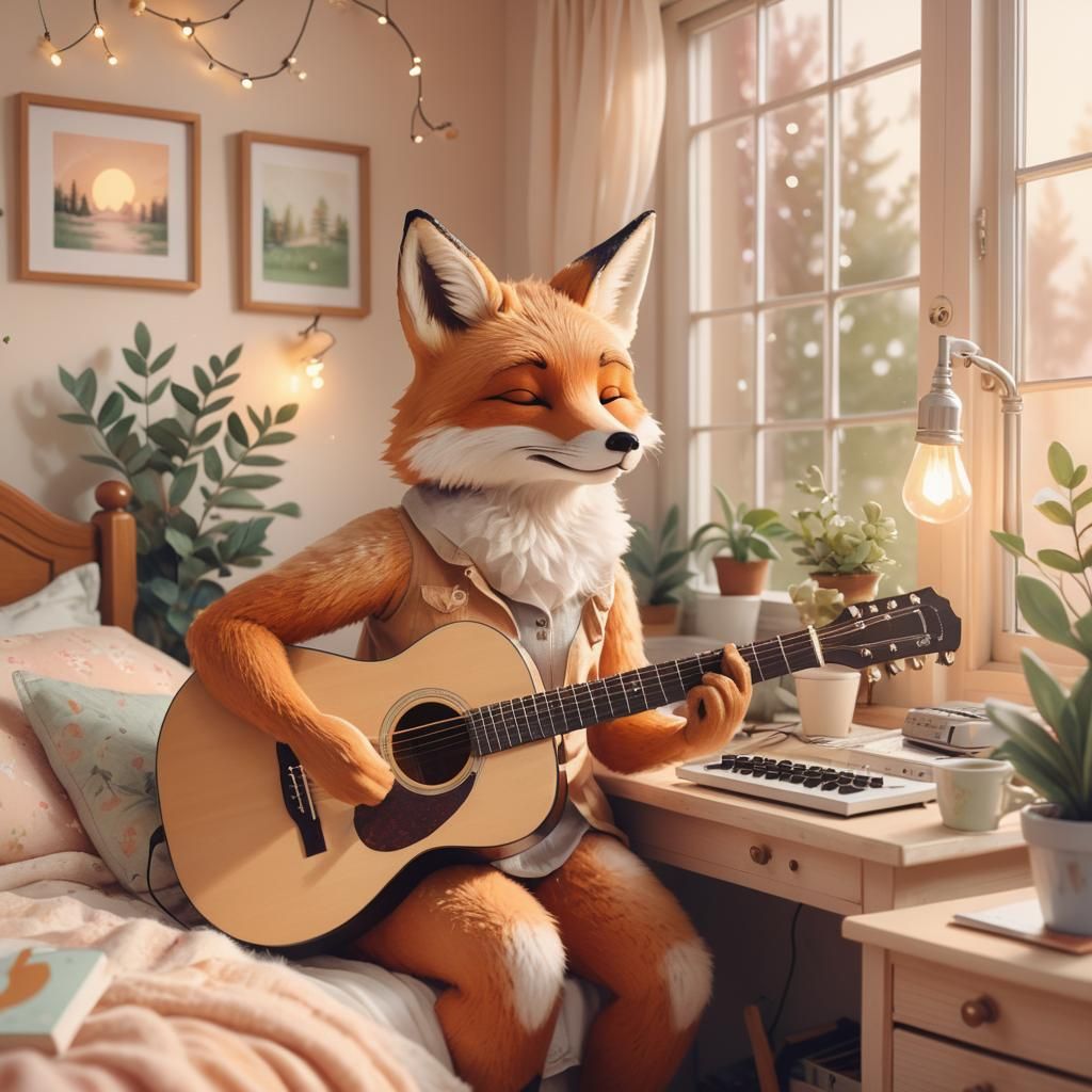 Feminine Fox Plays Guitar in Cozy Bedroom