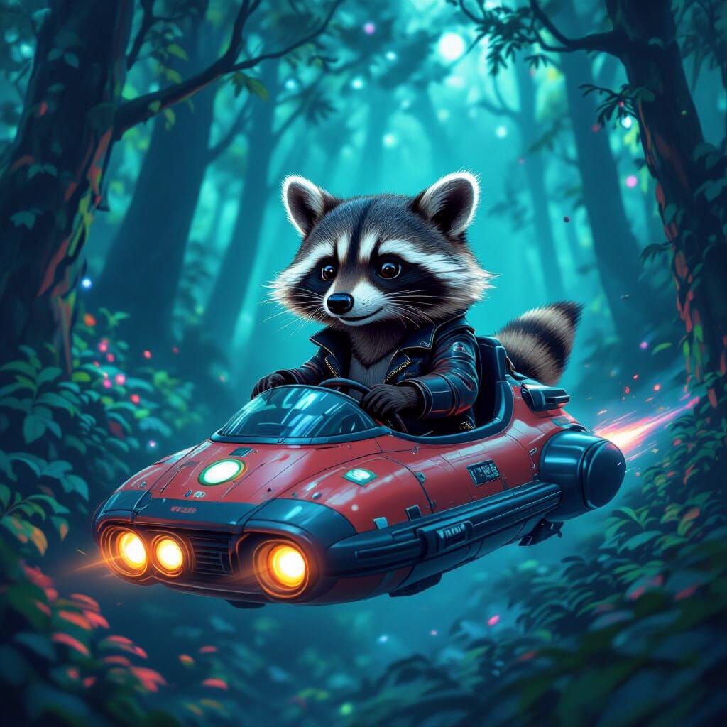 Raccoon Pilot in Bioluminescent Forest, Retro-Futuristic Art