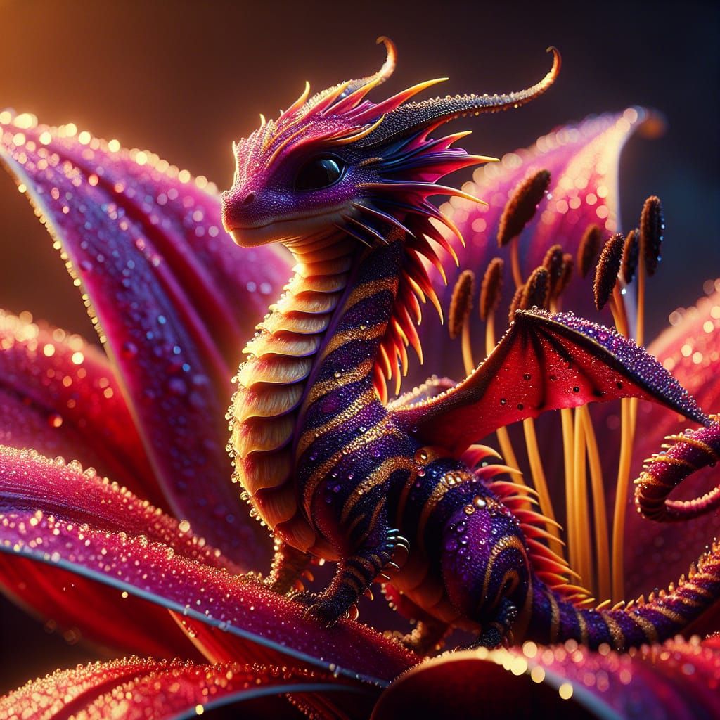 Miniature Striped Dragon on Crimson Lily Bloom