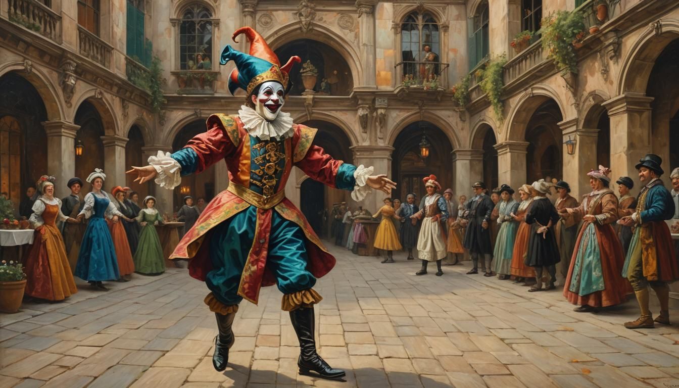 Dancing Jester in Courtyard: 1890s Oil Painting