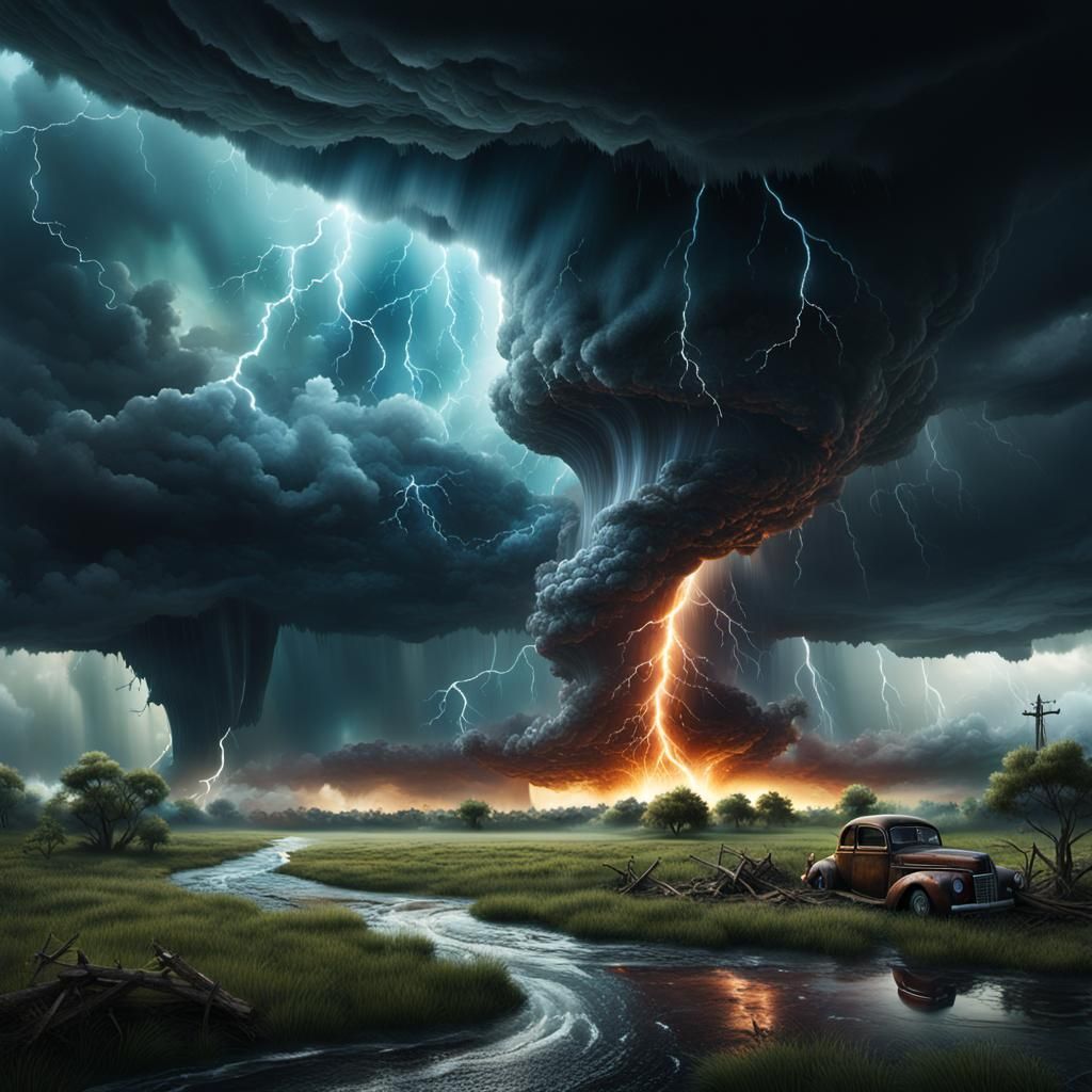 Dramatic illustration featuring powerful natural phenomena, such as storms, tornadoes, detailed matte painting, deep col...