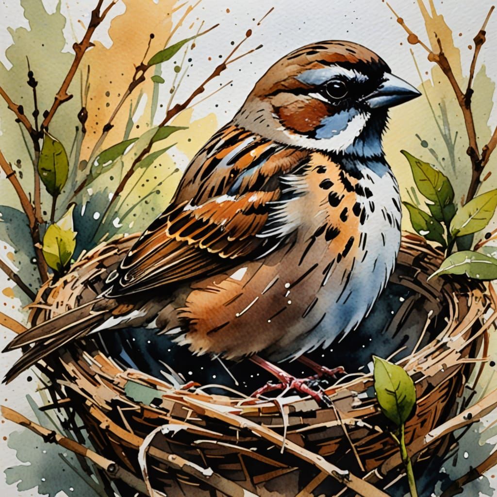 Close-Up Sparrow in a nest Ink and wet brush watercolor........