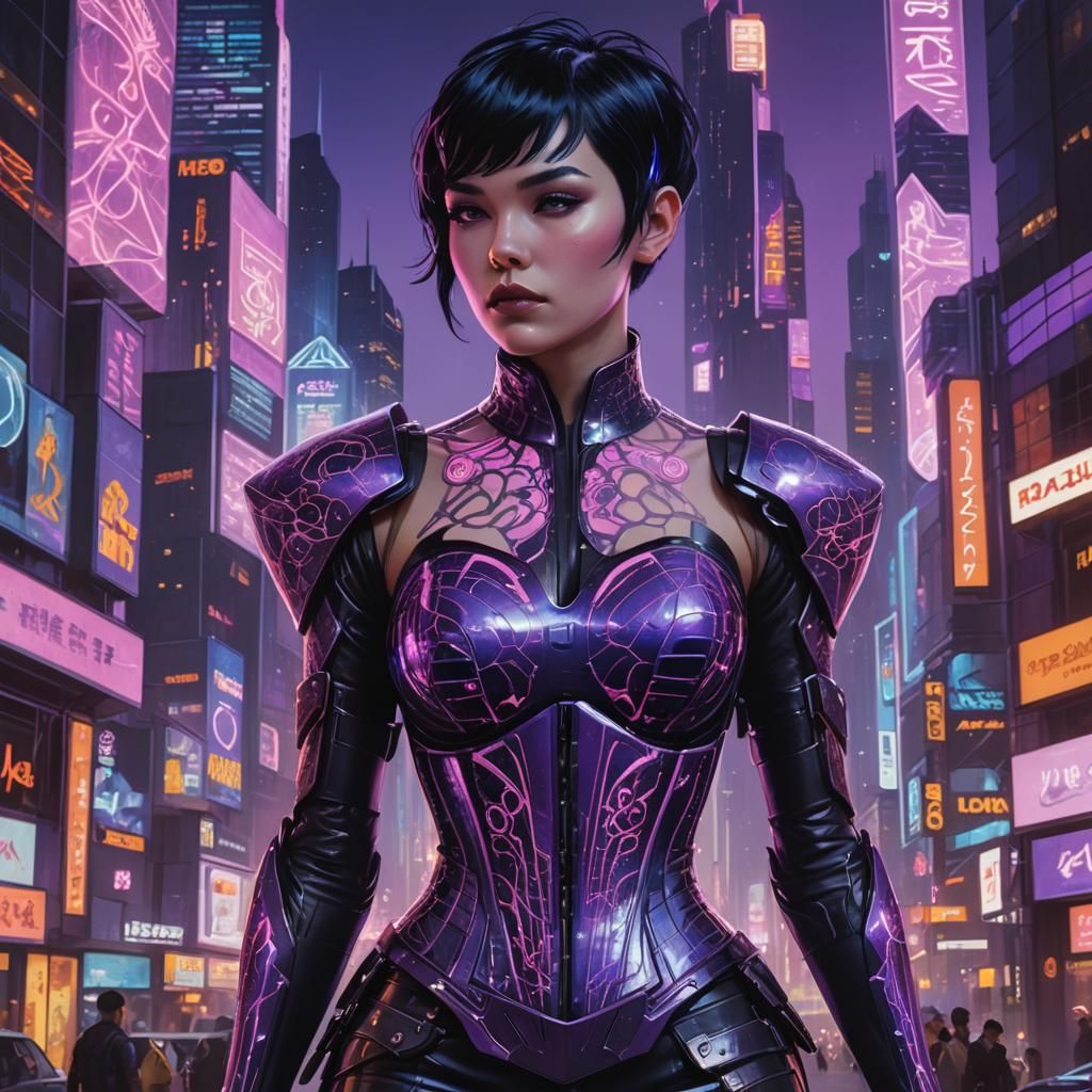 Cyberpunk Woman in Metropolis with Neon Lights