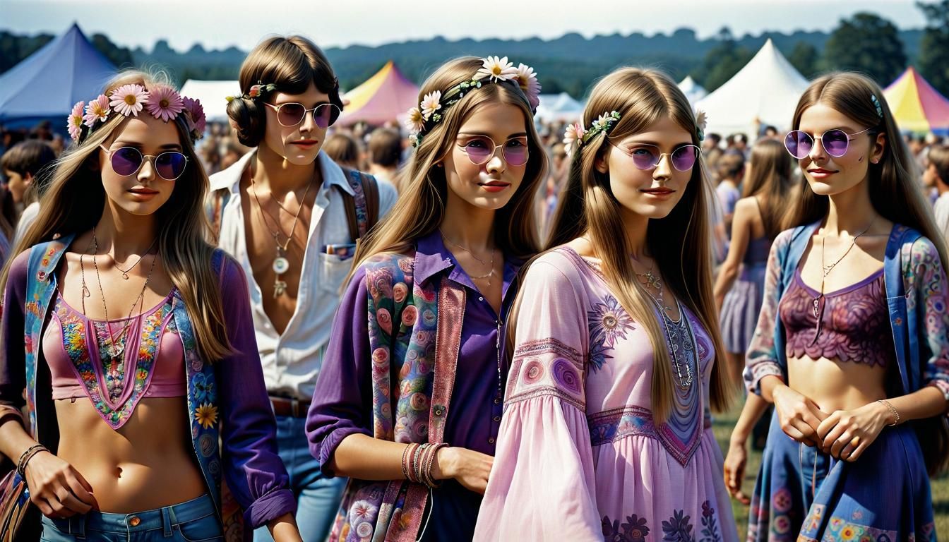 Woodstock Festival Scene in Hippie Style