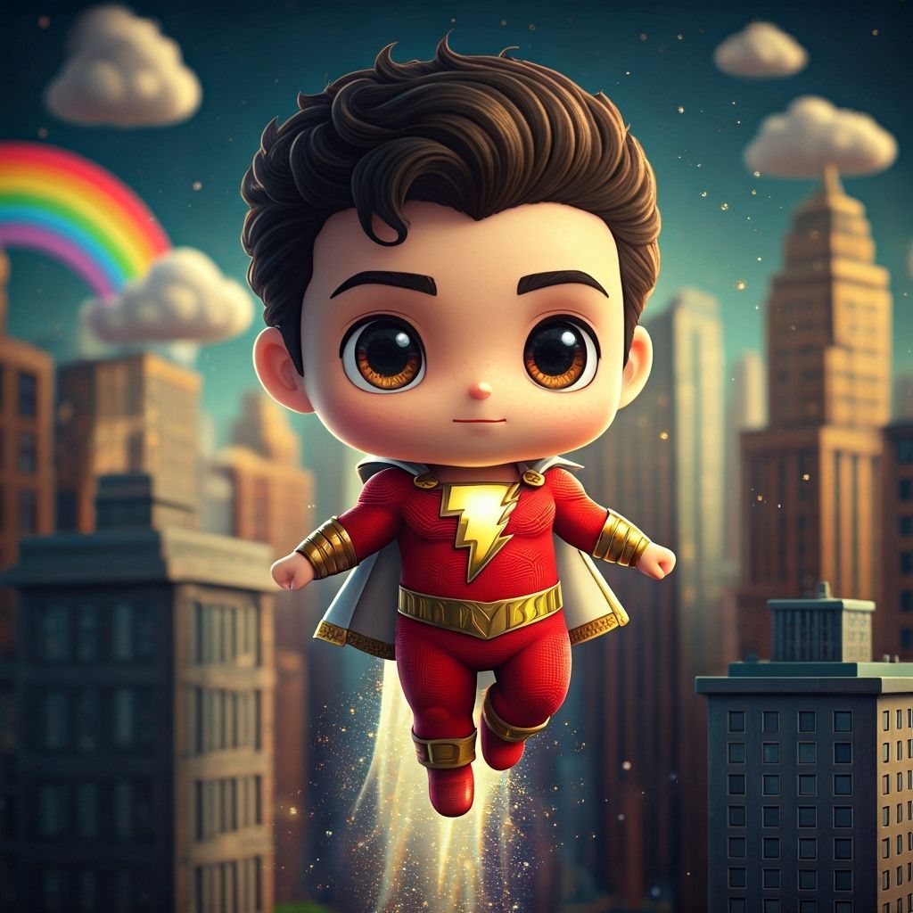 Chibi Shazam Soaring Through Felt Metropolis in 3D Style