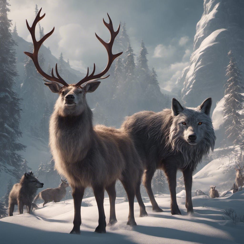 Fantastical Reindeer, Wolf, and Capybara Matte Painting