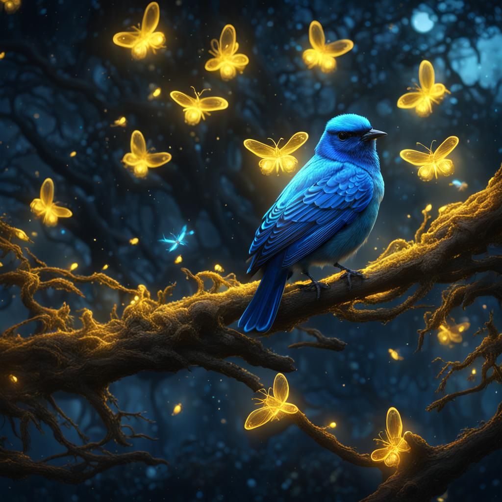 Glowing Blue Bird at Night: Fantasy Concept Art