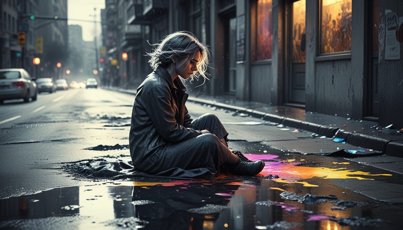 Melting Woman in Urban Grayscale: Surreal Concept Art