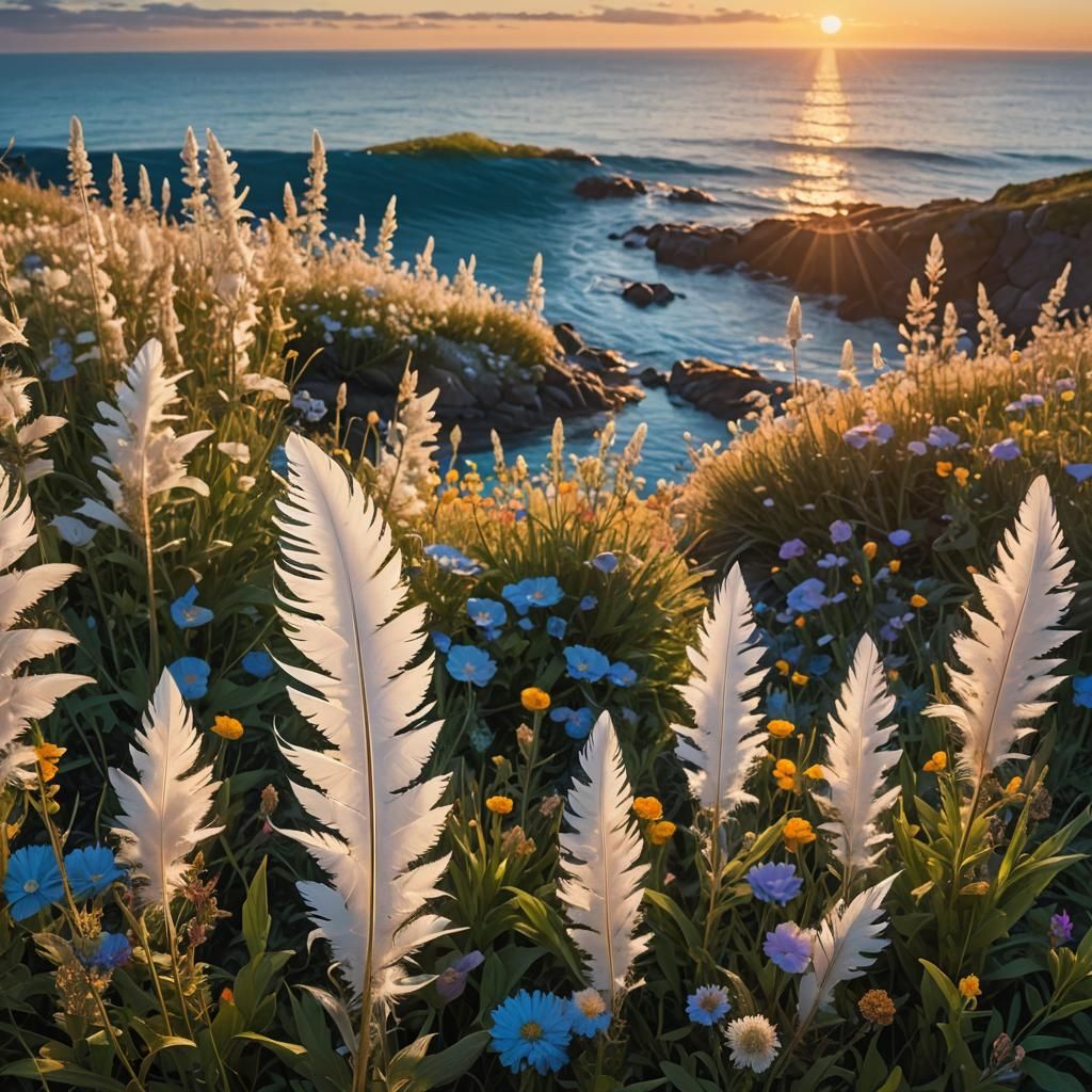 Sci-Fi Sunrise Illuminates Feather on Ocean Beach
