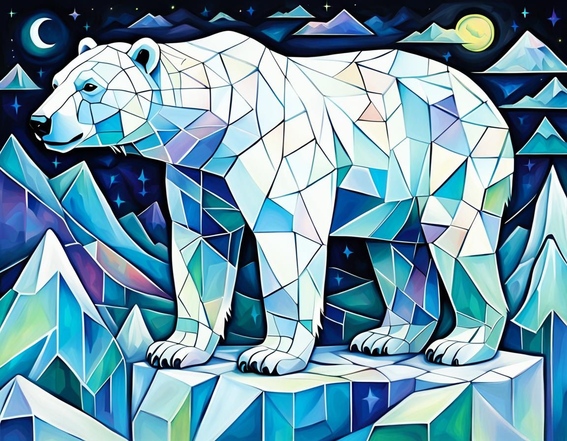 Cubist Polar Bear Under Northern Lights: Geometric Art