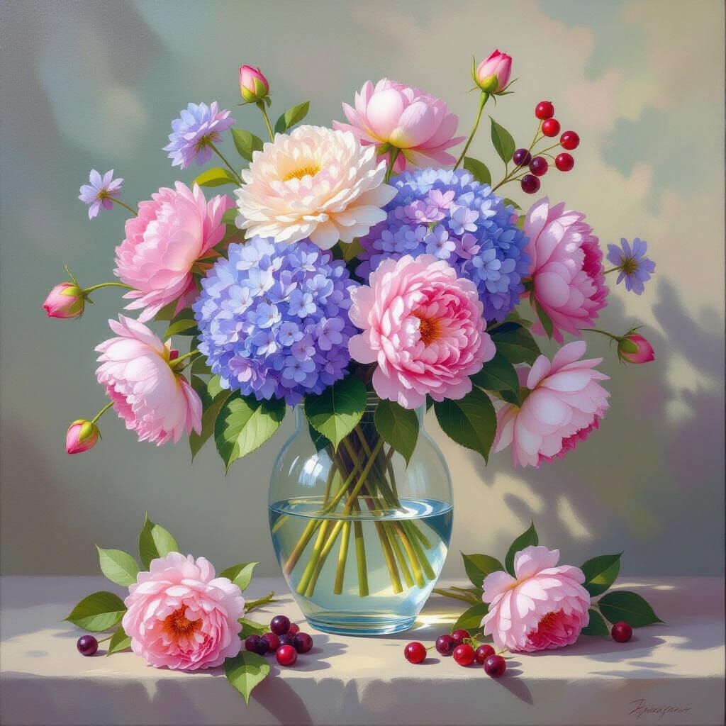 Vibrant Still Life Painting of Overflowing Floral Bouquet