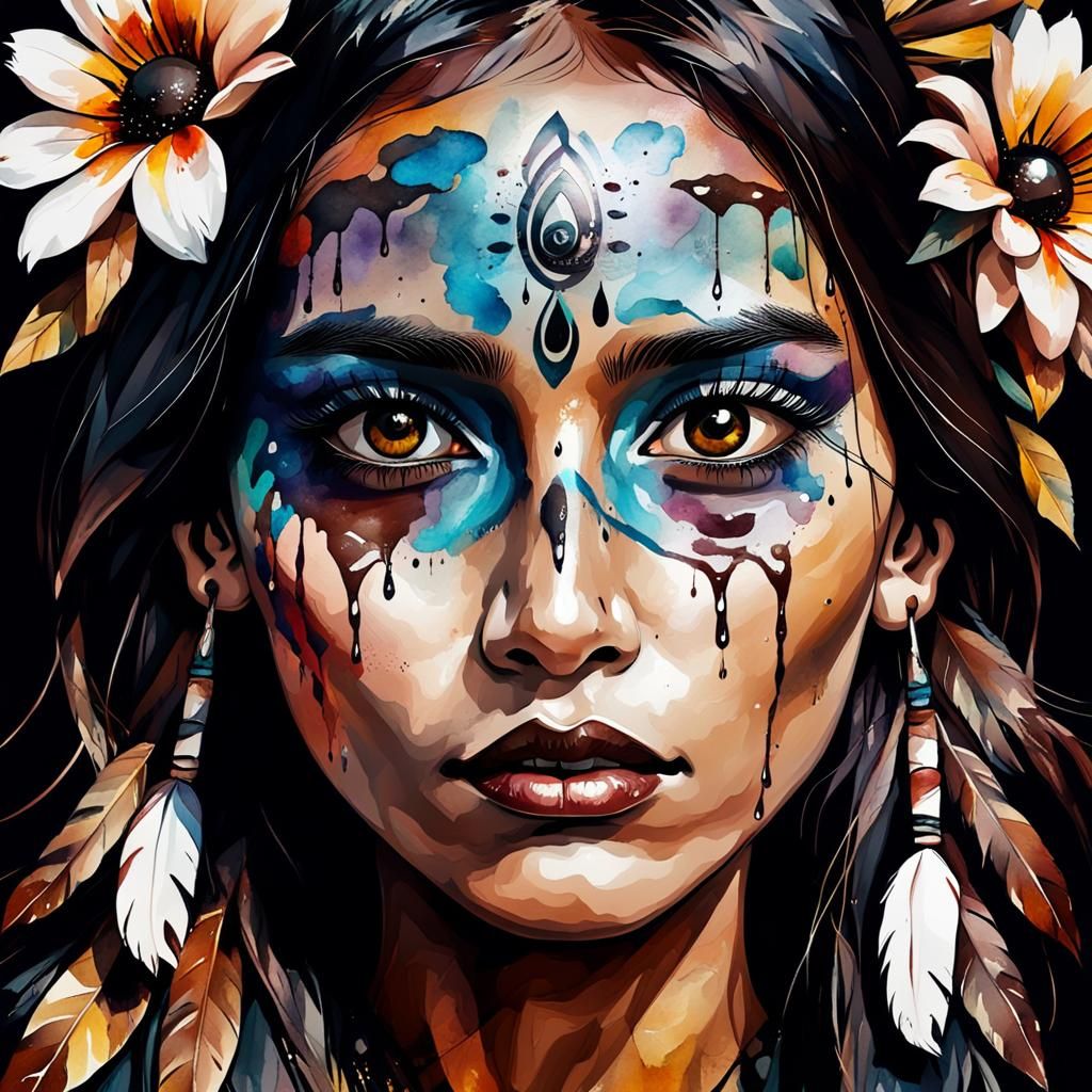 Native American Woman in Stylized Watercolor Art
