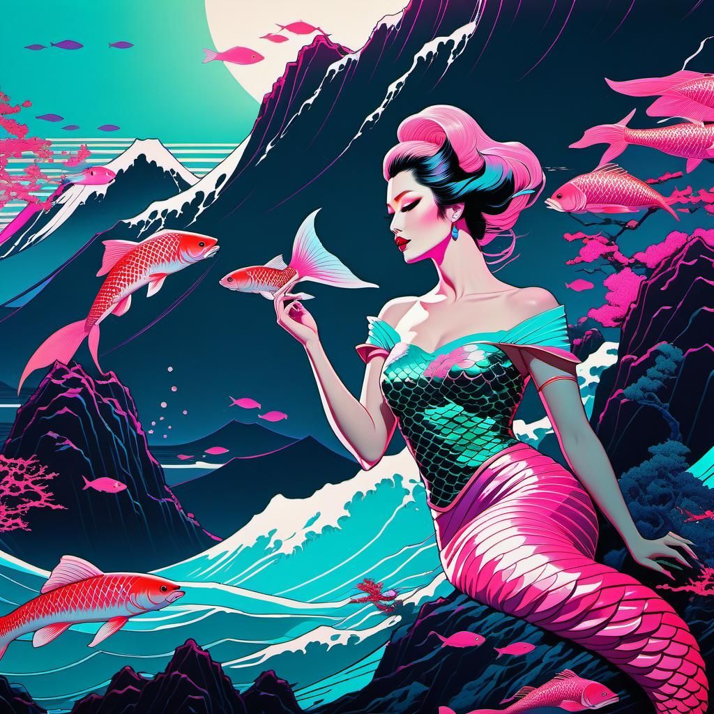 Vaporwave Mermaid with Psychedelic Waves