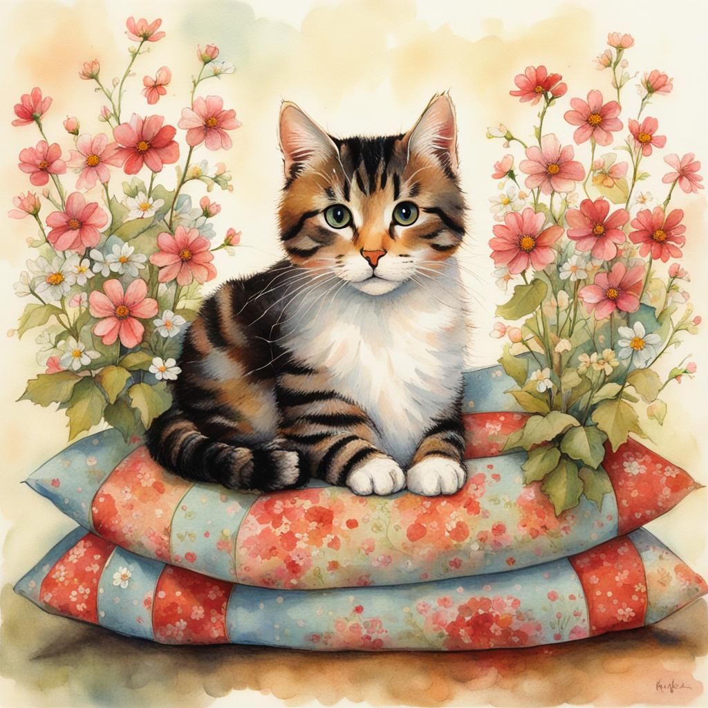 Cute Cat Surrounded by Flowers in Watercolor Style