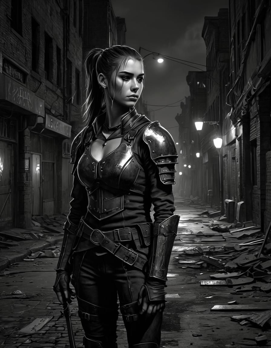 Teenage Paladin in Grimdark City, Line Art