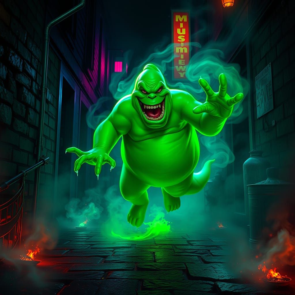 Ghostly Slimer Emerges in Neon-Lit Alleyway Scene