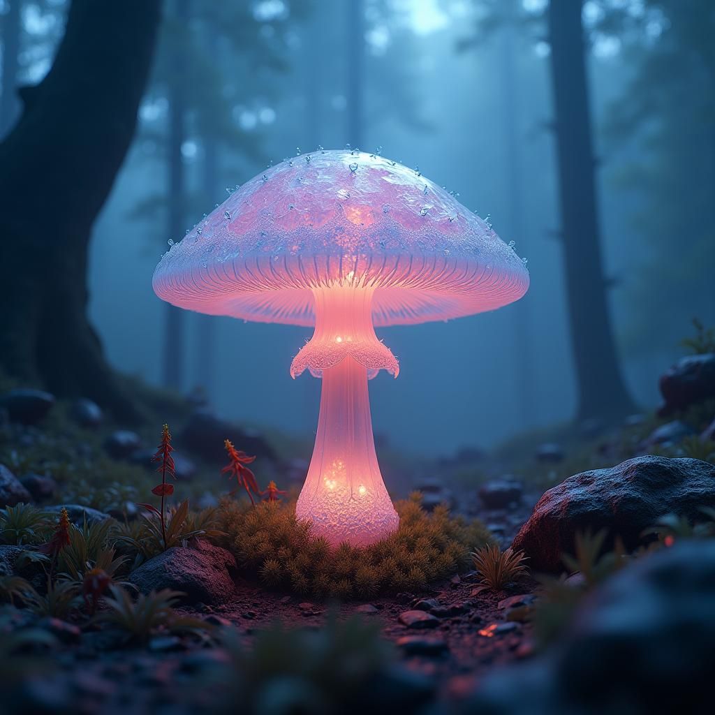 Luminous Crystal Mushroom in Ethereal Forest