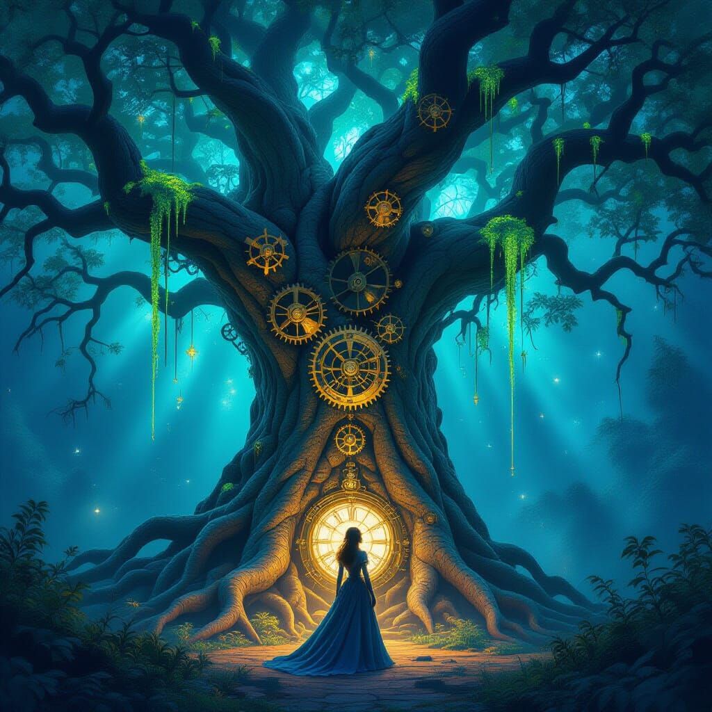 Cosmic Tree with Steampunk Gears and Celestial Patterns