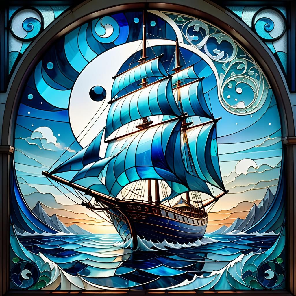 Stunning Stained Glass Sailing Boat with Yin-Yang
