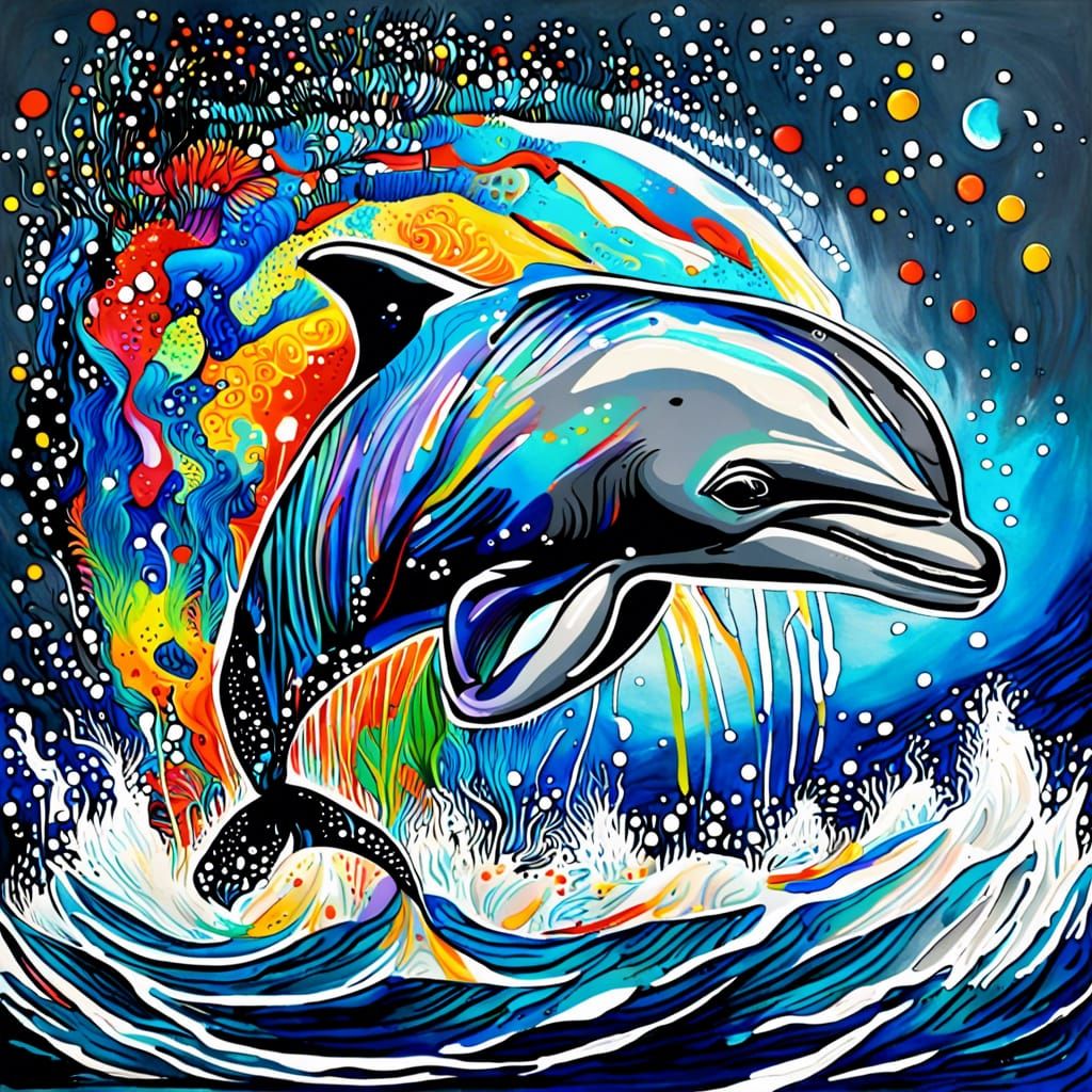 Dolphin Leaps from Starry Sea in Stained Glass