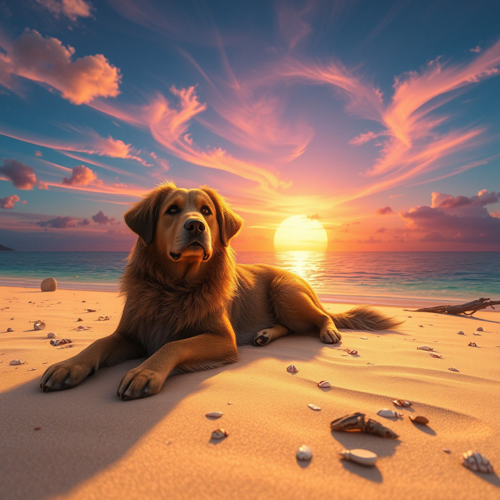 Dog Enjoying Beach Sunset in Detailed Digital Art