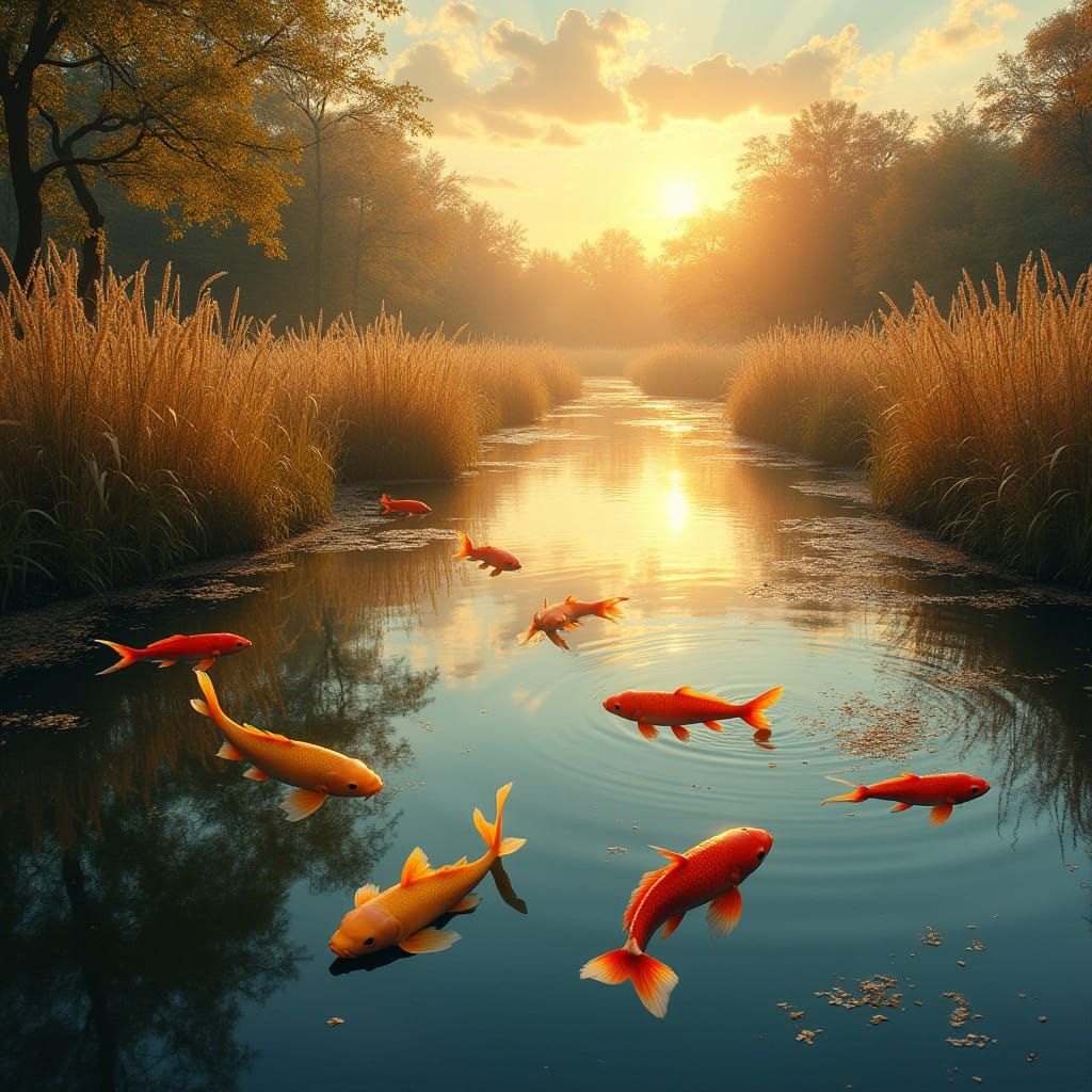 Impressionist Carp Étangs at Golden Hour with Majestic Reeds