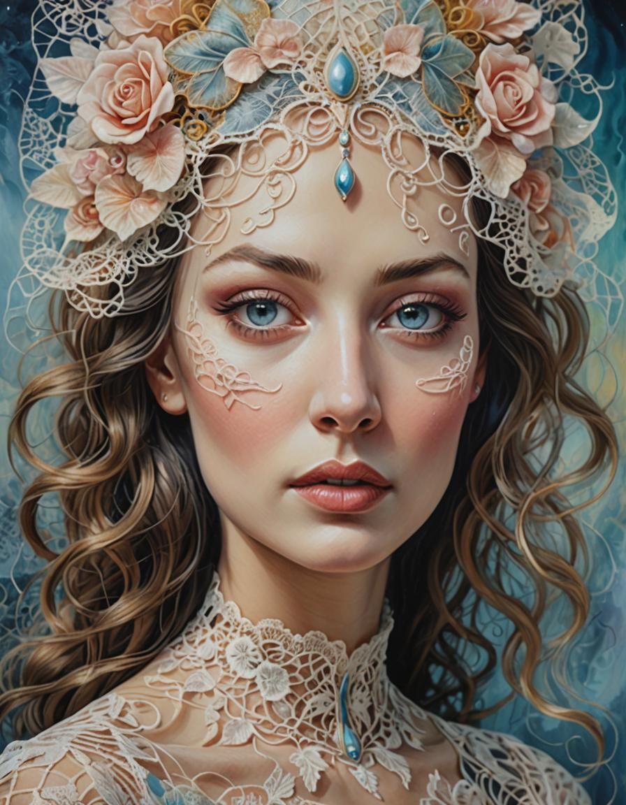 Surreal Woman's Portrait with Lace in Dreamlike Colors