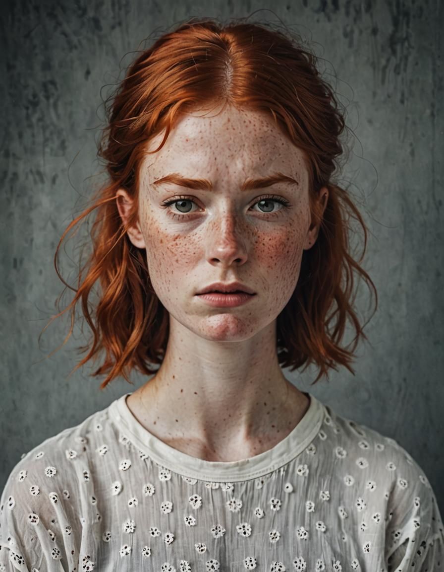 Redhead Girl with Freckles Displaying Upset Face