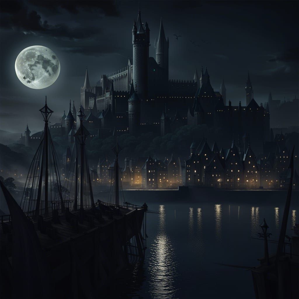 Medieval City at Night Under Full Moon