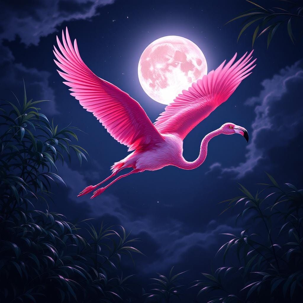 Pink Flamingo Soaring Under Moonlight: Digital Painting