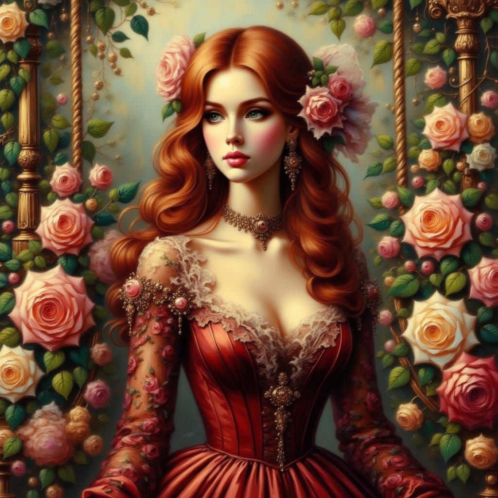 Elegant Woman on Rococo Swing in Lush Garden