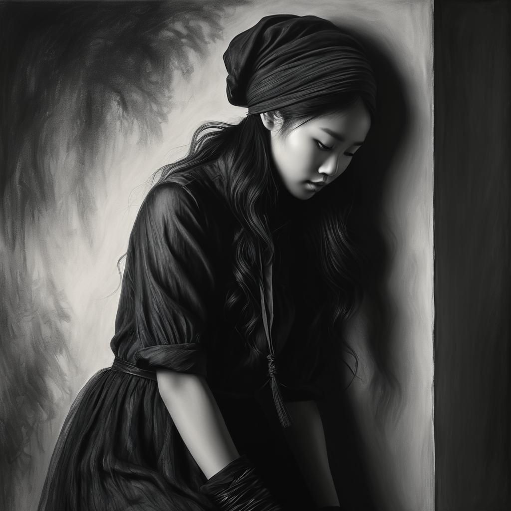 Ethereal Charcoal Drawing of Woman in Mist