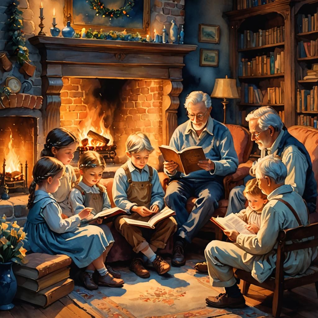 Cozy Grandfather Reading Fairy Tale in Watercolor