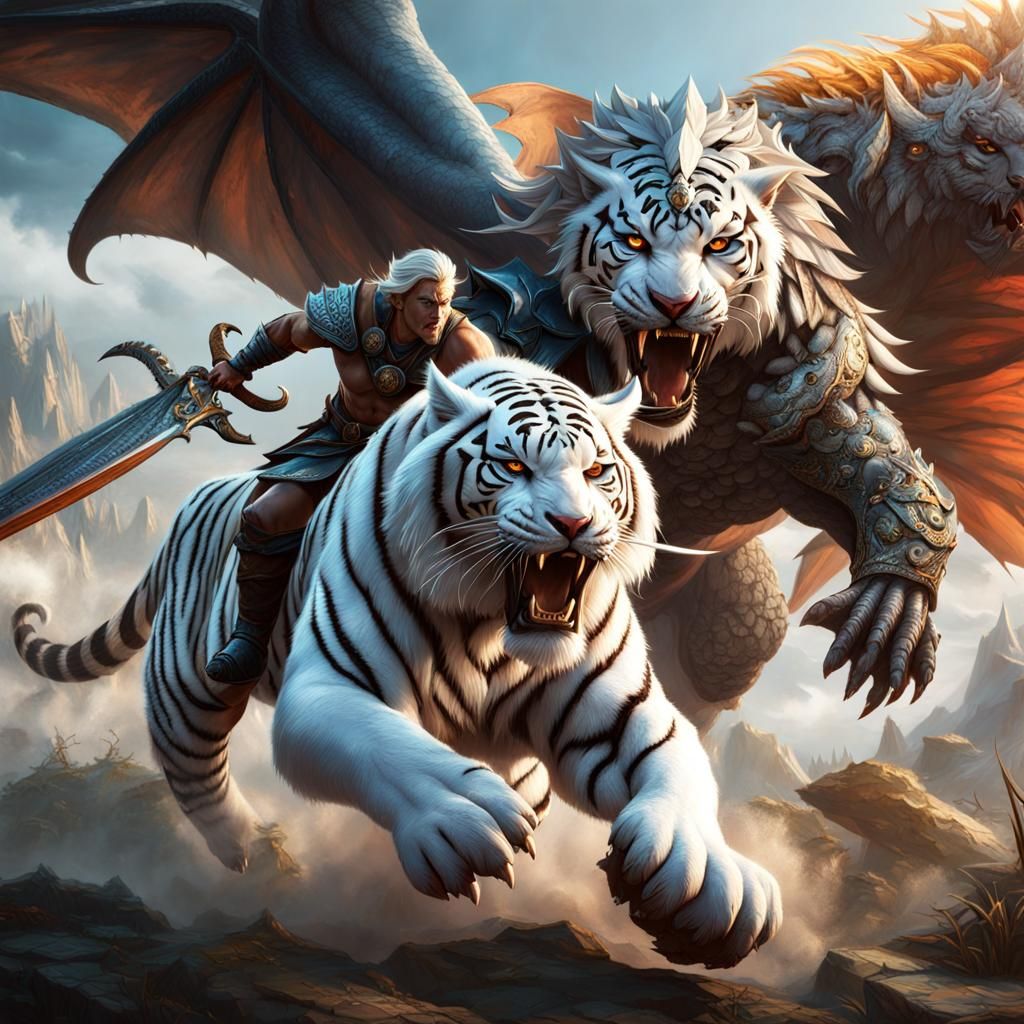 Barbarian on Winged Tiger Fighting Dragon